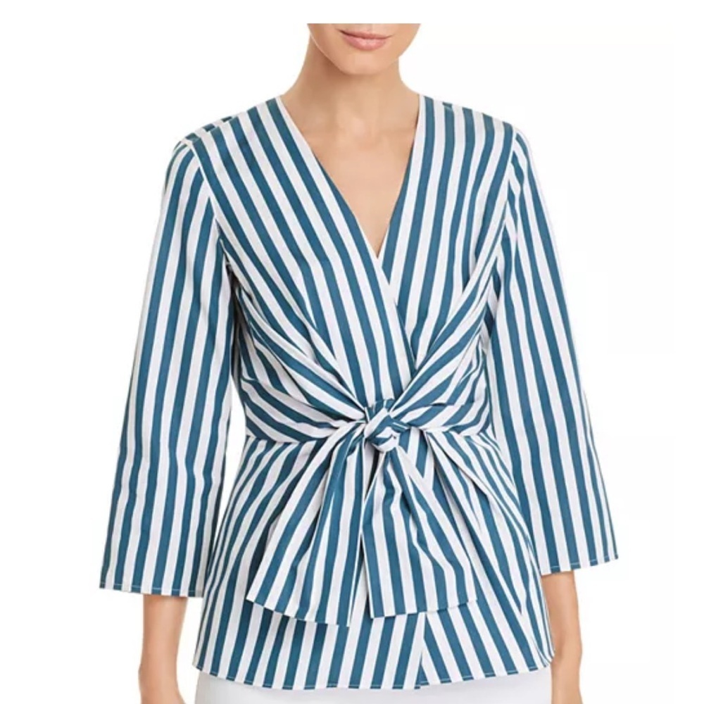 Lafayette 148 New York Blue and White Striped Wrap Blouse